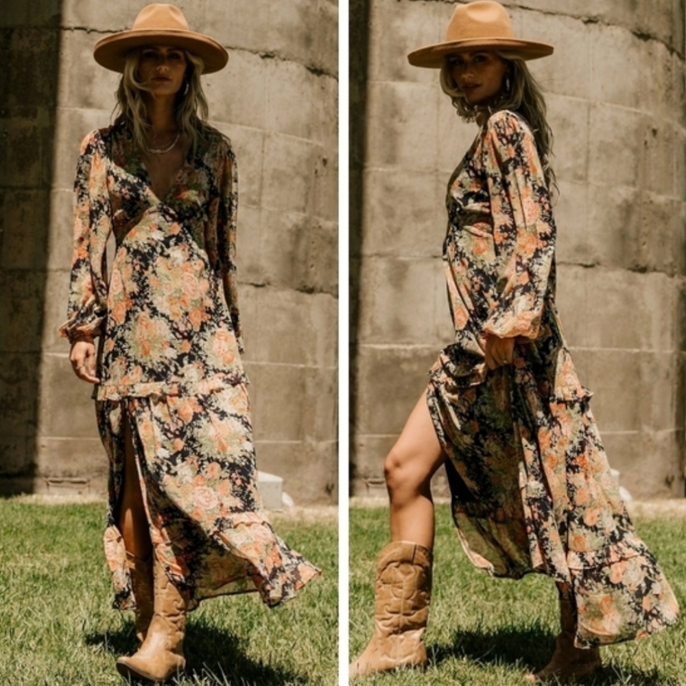 Baltic Born Navy Floral Long-Sleeve Wrap Maxi Dress with Peach and Green Blooms